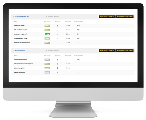 achat de backlinks, vente de liens et suivi de positionnement intégré à l'outil